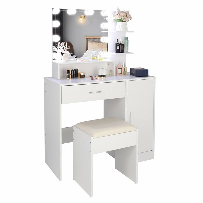Large Vanity Set with 10 LED Bulbs, Makeup Table with Cushioned Stool White