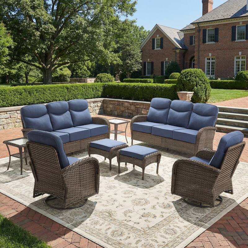 Pocassy Outdoor Wicker Patio Sofa with Swivel Chair Ottoman Sets - Brown Wicker Blue Cushion - 8-Piece Sofa Swivel Chair Table with Ottoman