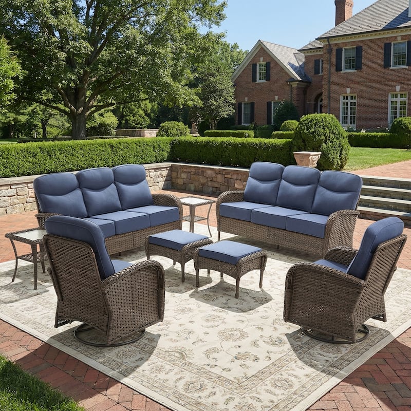 Pocassy Patio 8-Piece Sofa Swivel Chair Table with Ottoman - Brown Wicker Blue Cushion