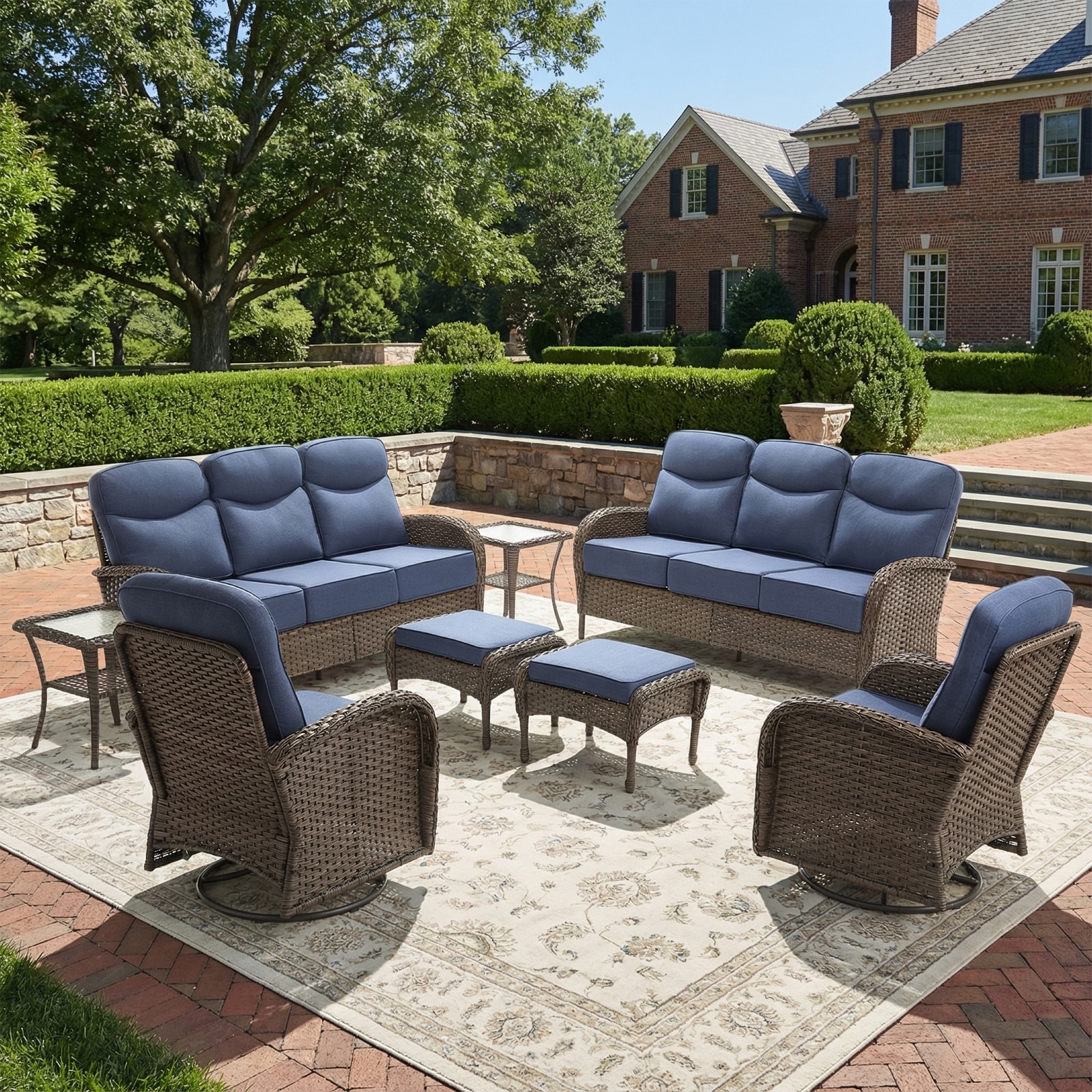 Pocassy Patio 8-Piece Sofa Swivel Chair Table with Ottoman