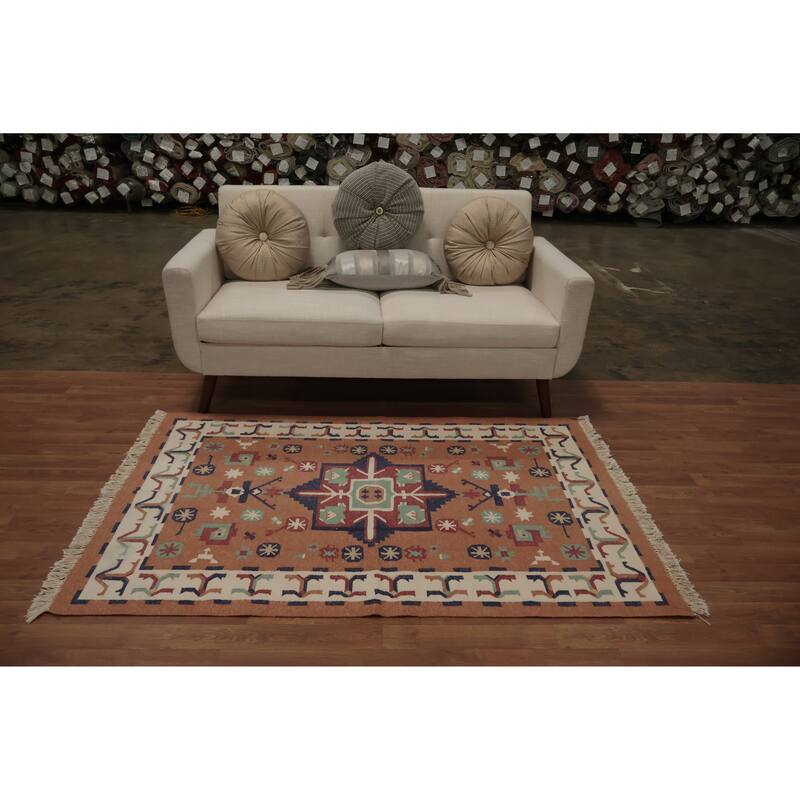 Hand Woven Oriental 100% Wool Carpet Southwestern Geometric Oranges & Rust Kilim Area Rug - 5' 8'' X 3' 9''