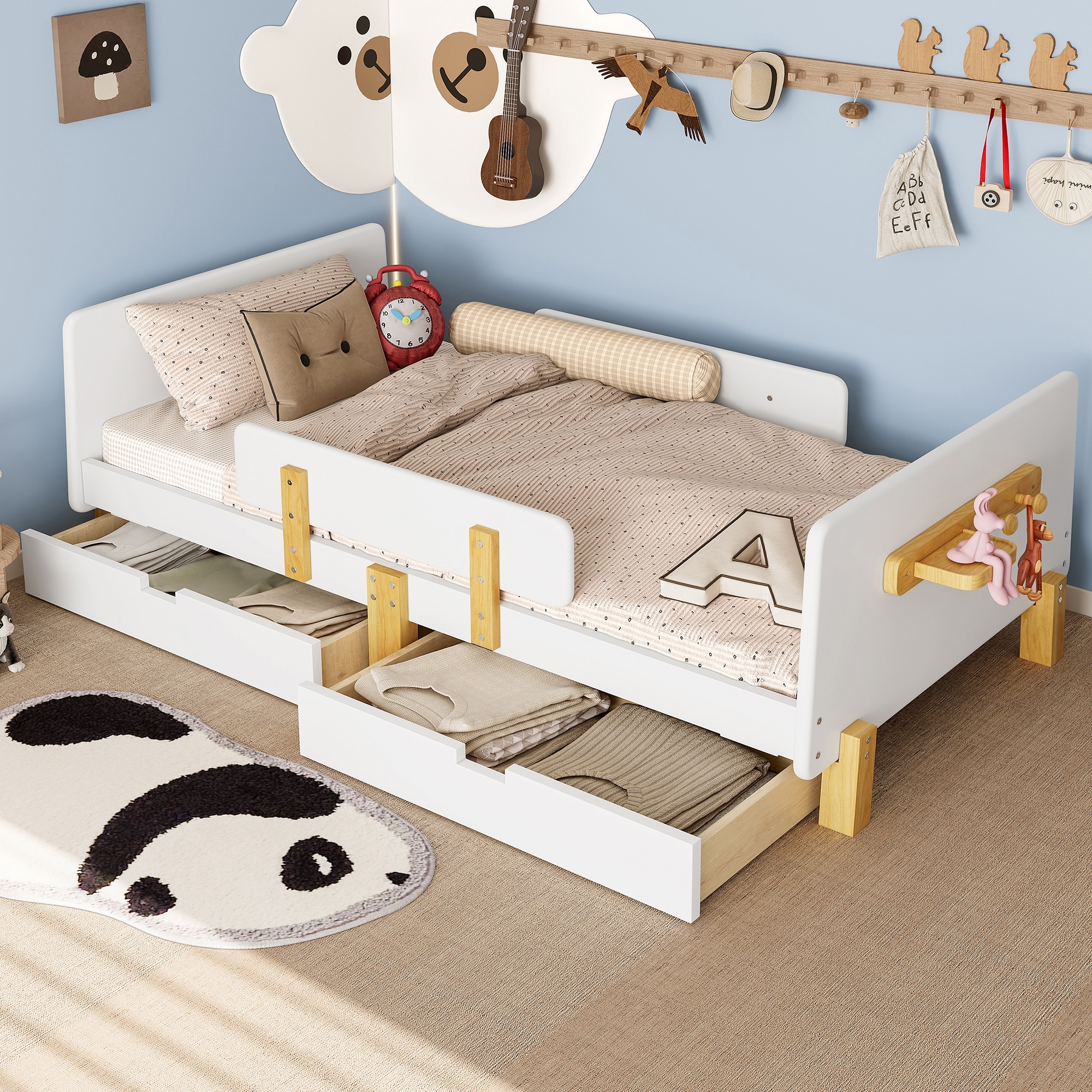 Roomfitters Platform Bed with Storage Drawers and Shelf, Solid Wood Frame with Hooks and Guardrails