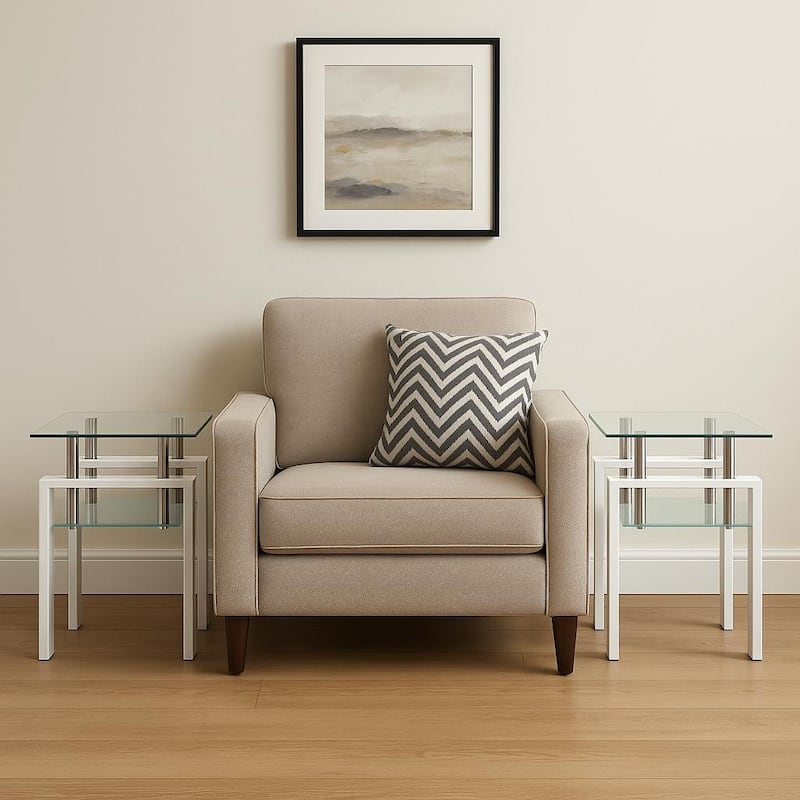 HomeRoots Set of Two Clear and White Glass and Metal Square End Tables With Shelf - 17.71 in. x 20.47 in. x 17.71 in. - Clear - Glass