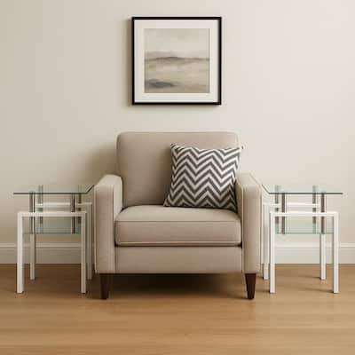 HomeRoots Set of Two Clear and White Glass and Metal Square End Tables With Shelf - 17.71 in. x 20.47 in. x 17.71 in.