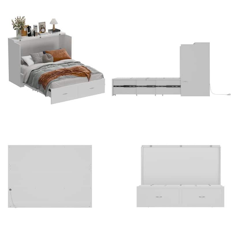 Modern Wood Full Murphy Bed Chest in White Finish Dresser 2-1 Cabinet