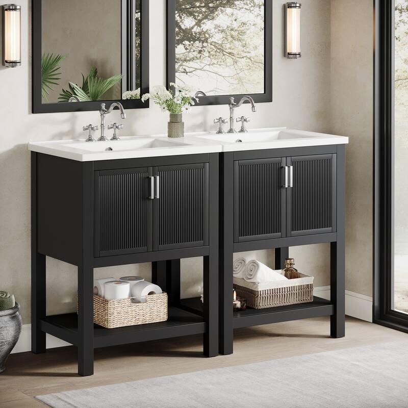 24" Single Bathroom Vanity with Ceramic Sink, Solid Rubberwood Frame & Open Storage Shelf