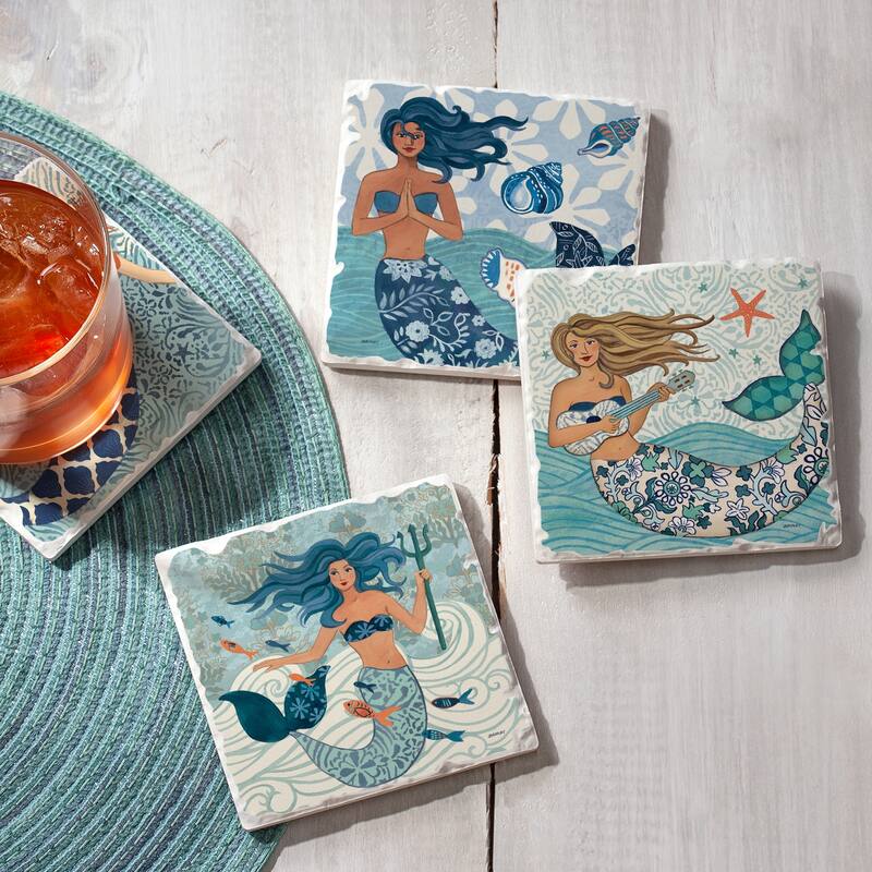 Counterart Absorbent Stone Coaster, Mermaid Island, Set of 4 - 4.01x4.28
