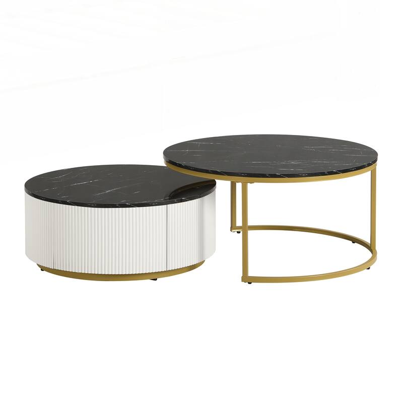 Modern Round Nesting Coffee Table Fluted with Drawer
