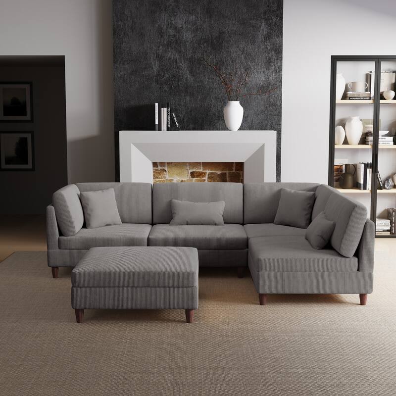 Corduroy Modular Sectional Sofa Set With Ottoman