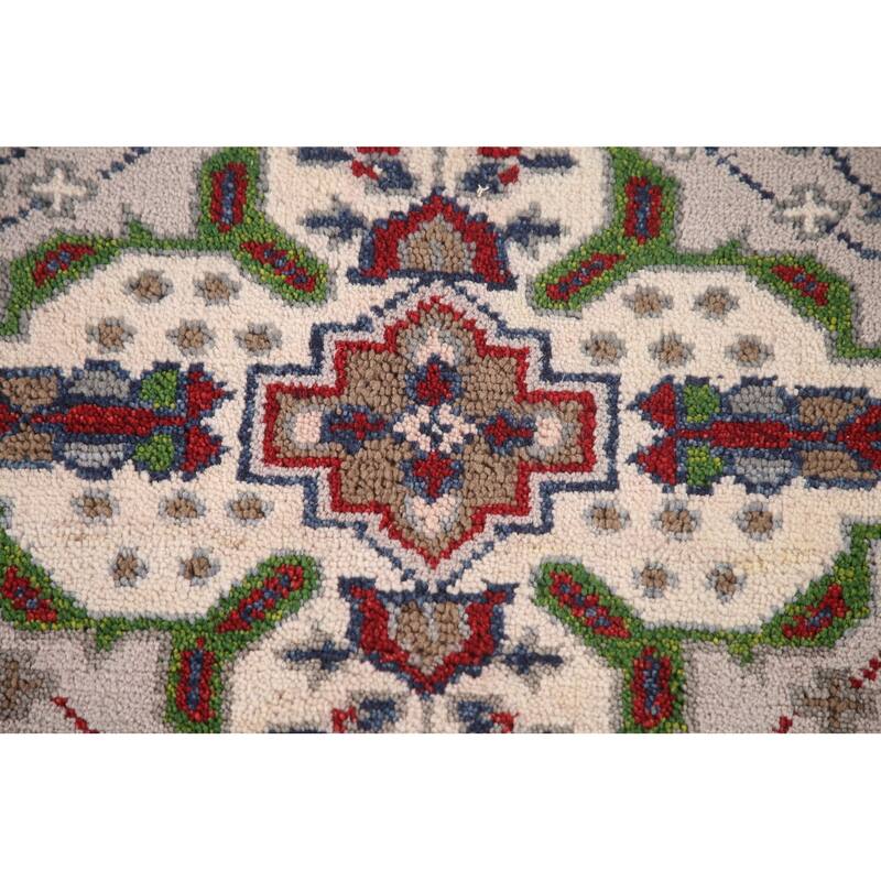 Geometric Grey Kazak Runner Rug Hand-Knotted Oriental Wool Carpet - 2'7"x 9'10"