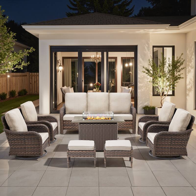 Pocassy Patio Sofa Swivel Chairs with Fire Table Funiture Set - Beige Cushion - Brown Wicker - 8-Piece Sofa Swivel Chair Ottoman w/ Fire Table