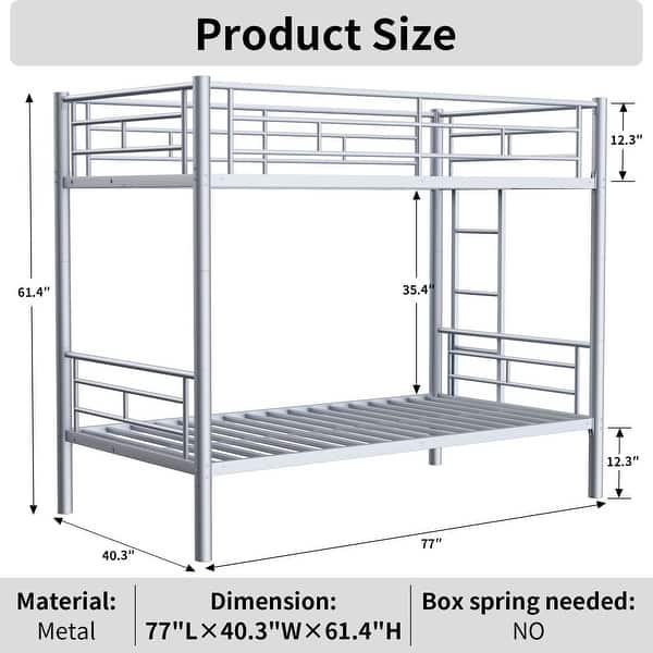 Grey+Silver Twin over Twin Metal Bunk Bed with Ladder and High Guardrail