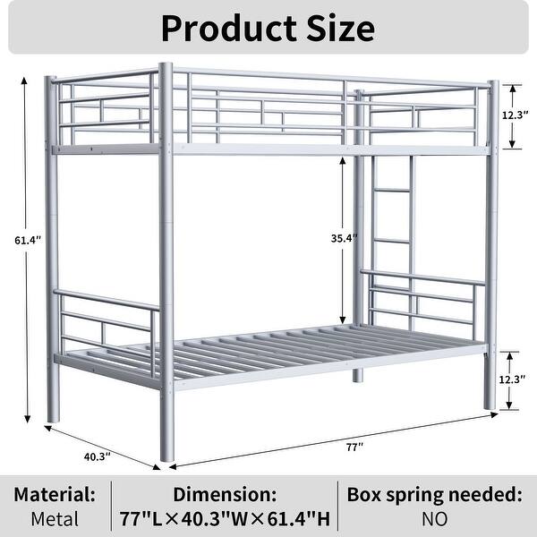Grey+Silver Twin over Twin Size Metal Bunk Bed with Ladder and high Guardrail, Able to Split, Metal Bunk Bed, Storage Space