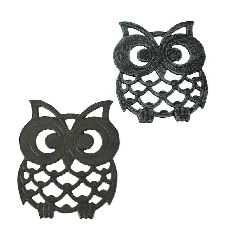 Brown & Verdigris Green Cast Iron Owl Kitchen Trivets(Set Of 2) - 0.5 X 7.75 X 6.5 inches