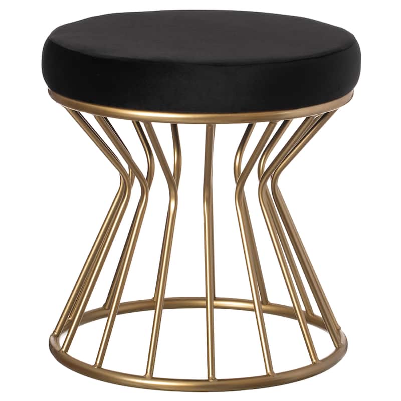 Modern Round Velvet Stool with Bent Gold Metal Base Standard Ottoman - Black