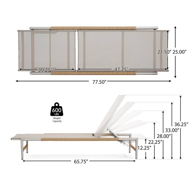 Roomfitters Hargrove Outdoor Aluminum Chaise Lounge Set with Rope Wrapped Legs, Silver and Natural