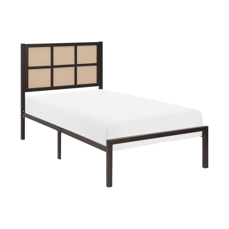 Queen/Full/King/Twin Platform Bed with Faux Cane Headboard, Metal Frame, and Coastal Design.