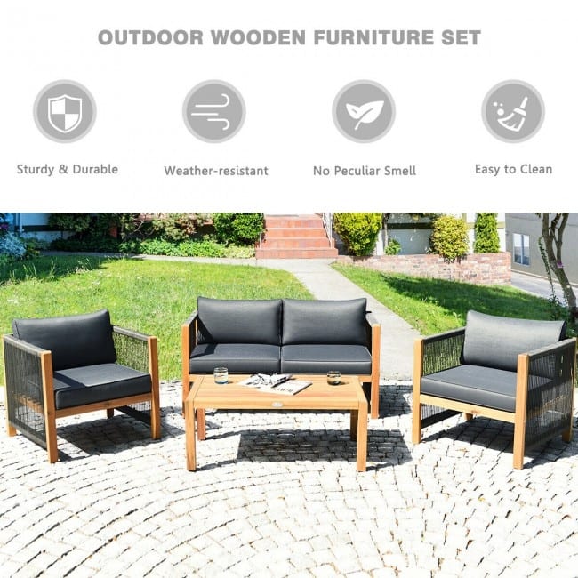 4 Pcs Acacia Wood Outdoor Patio Furniture Set with Cushions - 52" x 26" x 25" (L x W x H)