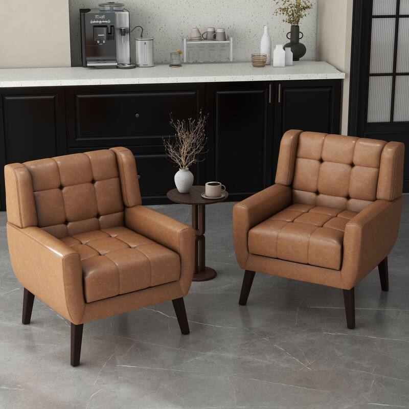 Set of 2 Tufted Upholstered Accent Armchair - Brown-PU Leather