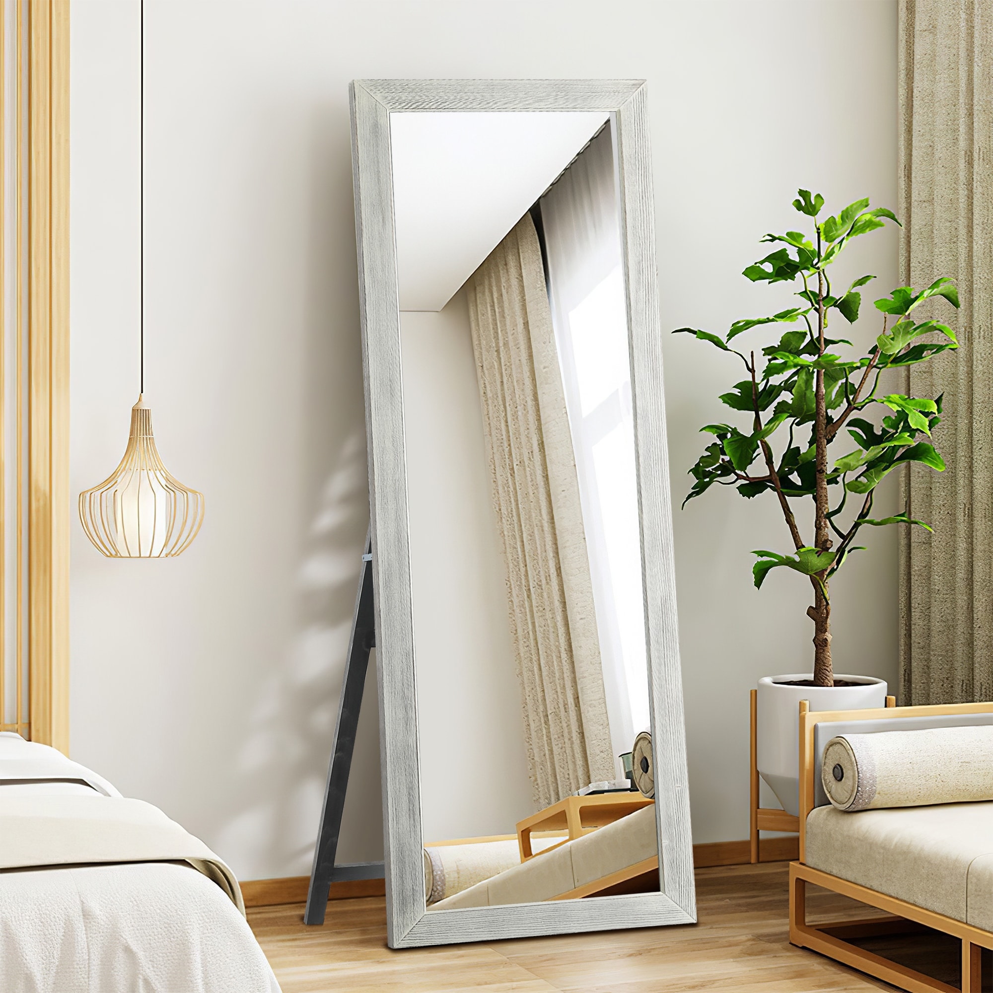 Brushed Solid Wood Right Angle Rectangular White Full Length Mirror with Stand - 64"x21"