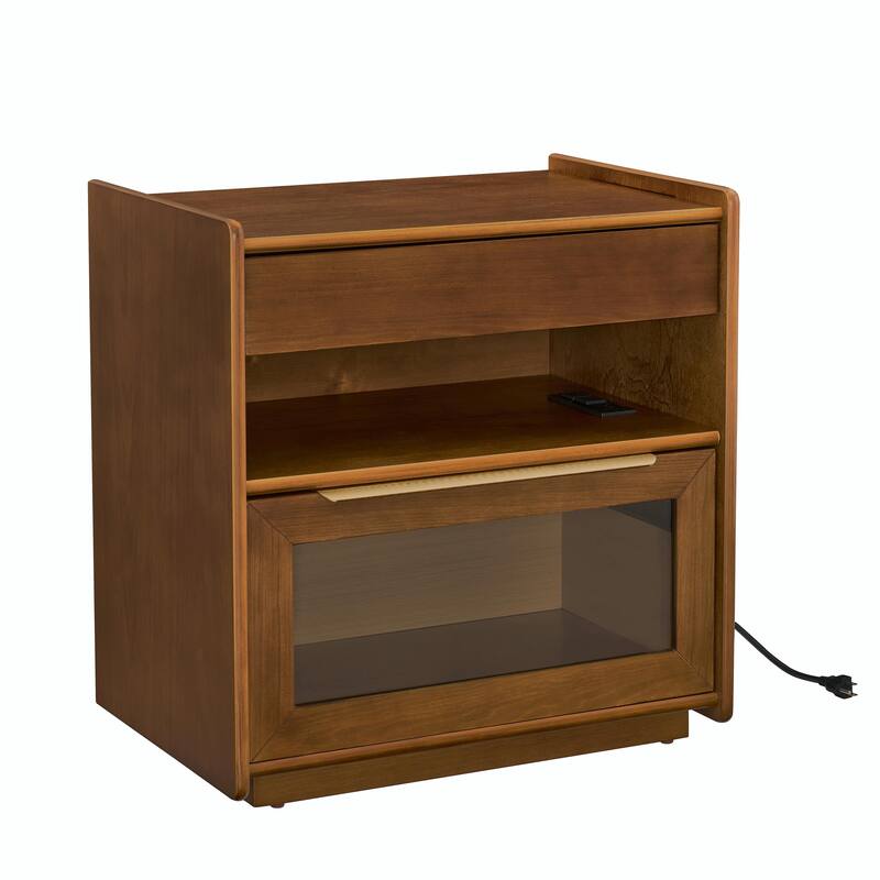 Mid Century Modern Nightstand with Charging Station & Outlet Hole & 2 Drawers