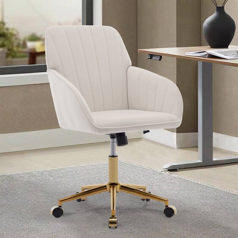 Velvet Office Chair with Golden Base, Ergonomic Backrest, Memory Foam Cushion, and Adjustable Seat for Home or Bedroom - Beige