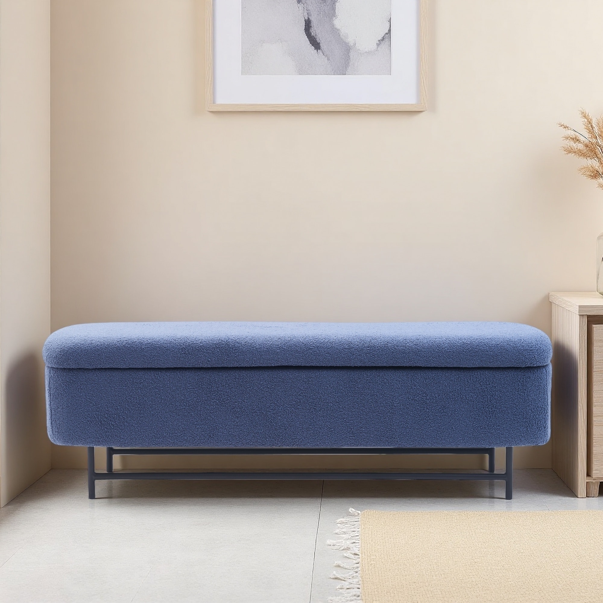 56"L Indoor Bench with Large Storage, Metal Legs, Soft Fabric Seat, Safety Lift-Top, for Living Room Bedroom Entryway End of Bed