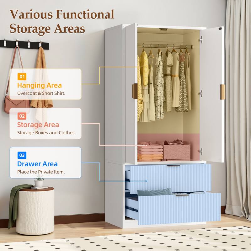 Pocassy 70" H Wardrobe Closet with 2 Doors and 2 Drawers for Bedroom