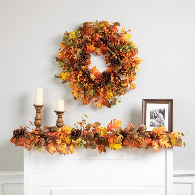 Eucalyptus Maple Leaves and Acorns Artificial Fall Harvest Wreath - 30"