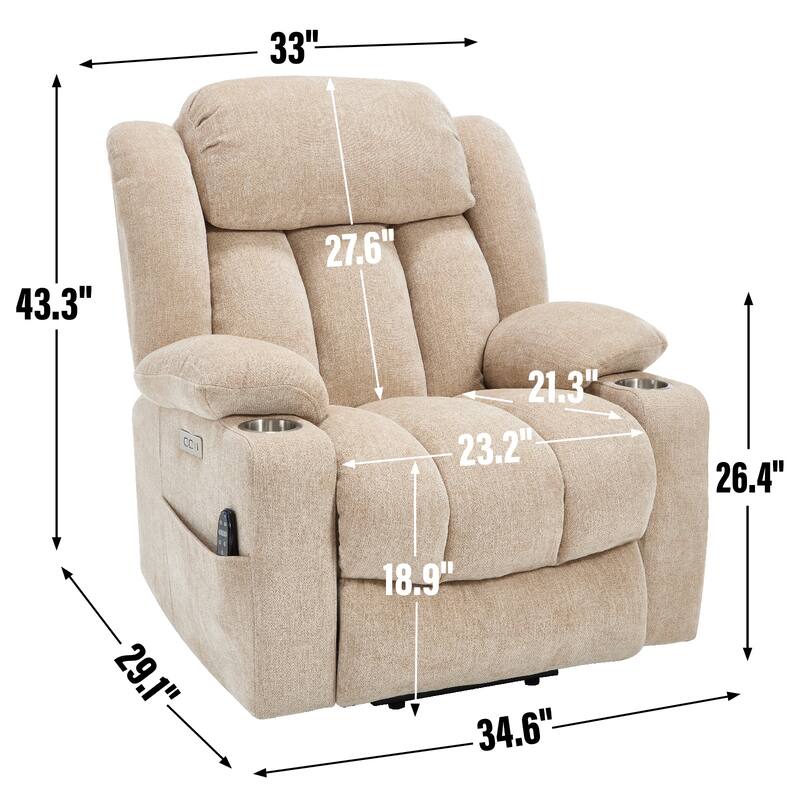 Roomfitters Heavy Duty Power Lift Recliner, Chenille Massage Chair with USB-C Charging and Stainless Cup Holders