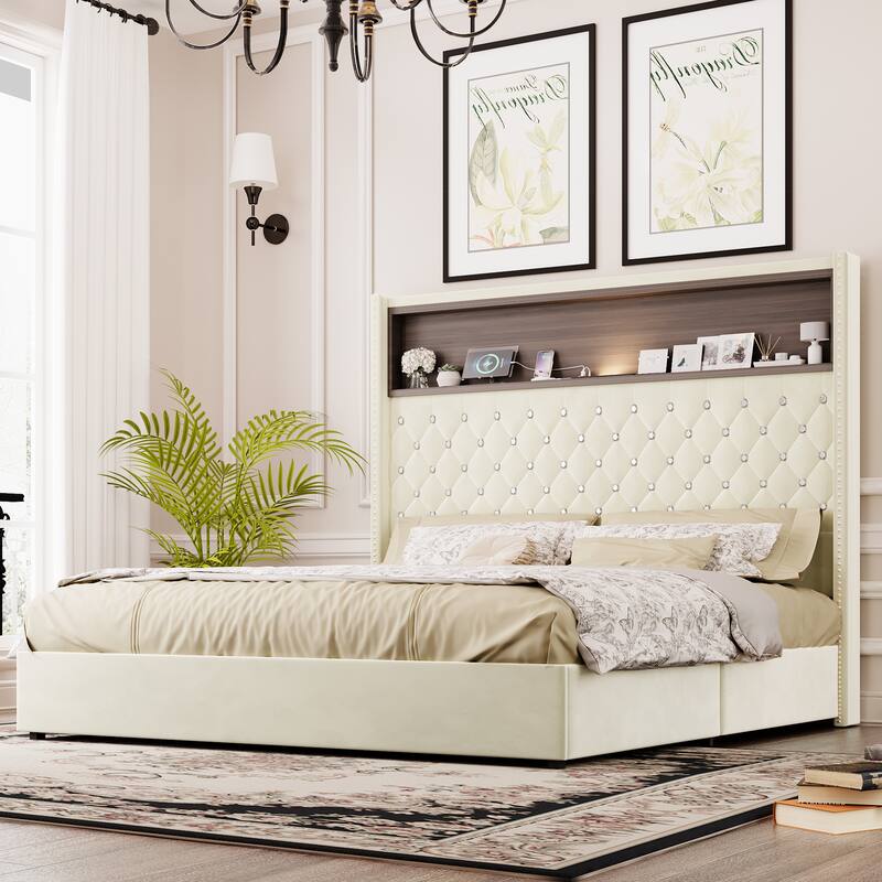 Velvet Tufted Wingback Bed Frame with Rivet Decoration Headboard Built-in Shelf USB Port and Night Light, Soft Platform Bed