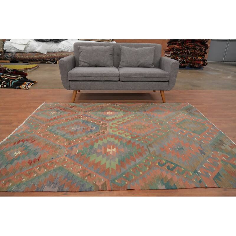Hand Woven Oriental 100% Wool Carpet Southwestern Tribal Oranges & Rust Kilim Area Rug - 7' 0'' X 5' 8''