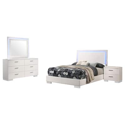Sok 4pc Full Bedroom Set, Blue LED Lights, Faux Leather, White Wood
