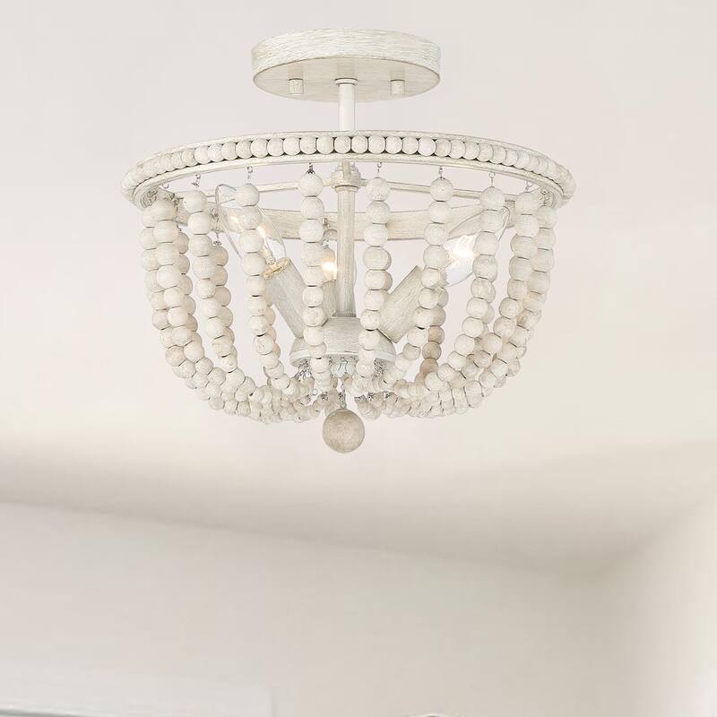 Cauhu 3-light Farmhouse Coastal Wood Beaded Semi Flush Mount Ceiling Lights -UL