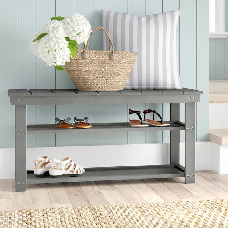Modern Solid Wood Shoe Storage Bench with 2 Shelves for Entryway Seating and Organized Closet Space - 35.5”L x 12”W x 17”H