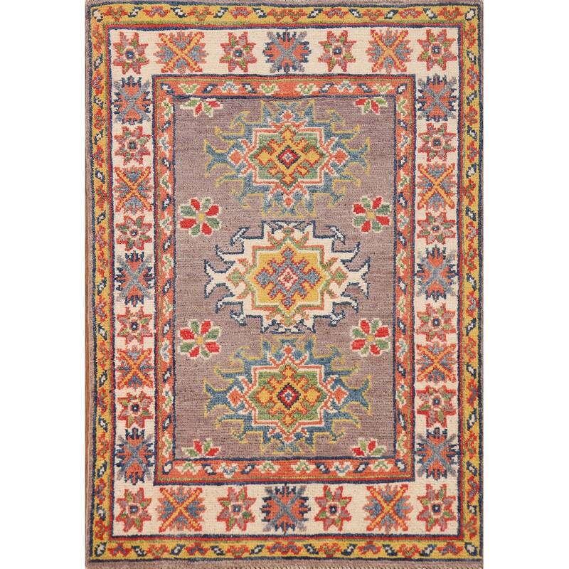 Geometric Kazak Oriental Rug Hand-Knotted Brown Wool Carpet - 2'0"x 3'0"