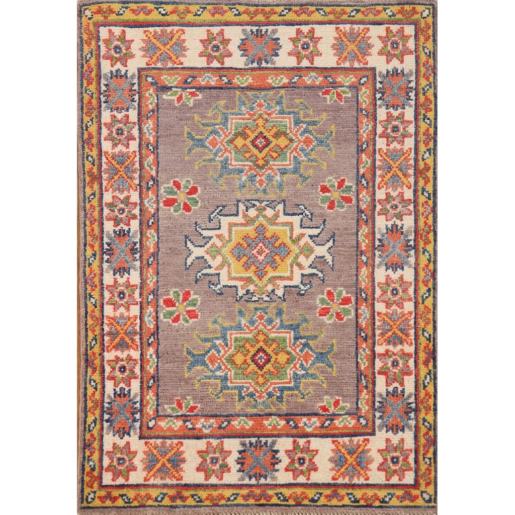 Geometric Kazak Oriental Rug Hand-Knotted Brown Wool Carpet - 2'0"x 3'0"