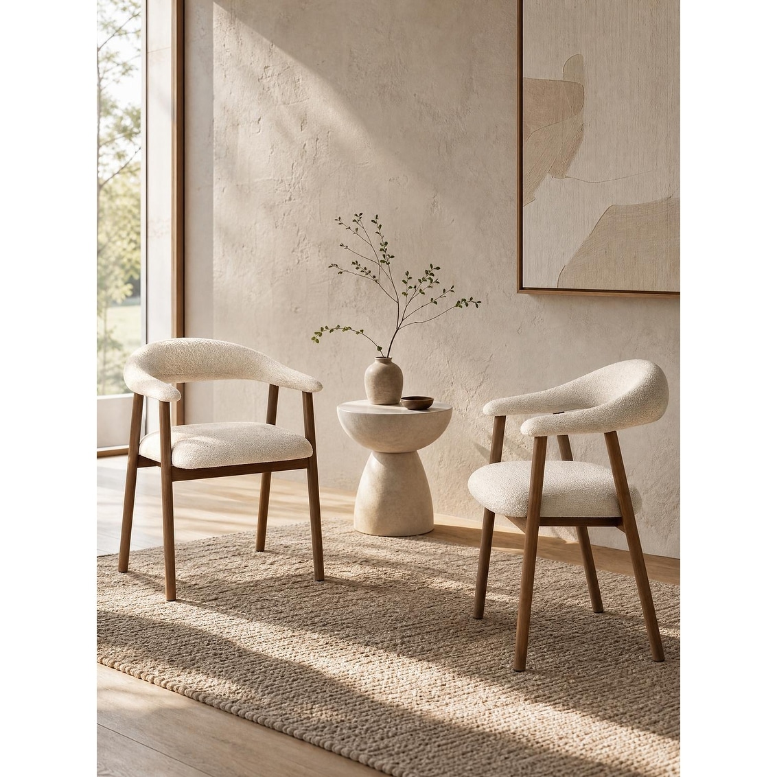2-Piece Modern Boucle Dining Chair Set with Solid Wood Frame, Walnut AND White