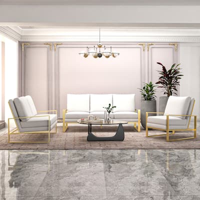 Jefferson Modern Leather Upholstered 3-Piece Sofa Set in Brushed Gold Stainless Steel Base for Home Office Living Room Bedroom