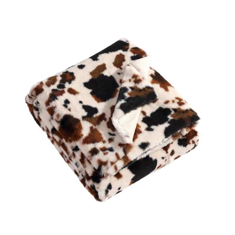 Wrangler Spotted Cow Print Faux Fur Brown Throw Blanket