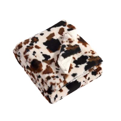 Wrangler Spotted Cow Print Faux Fur Brown Throw Blanket