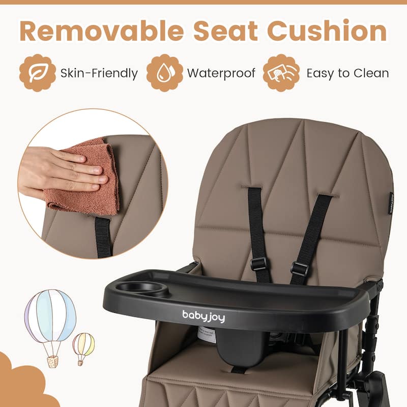 3-in-1 Foldable Baby High Chair with Tray and Footrest Adjustable Footrest Lightweight Waterproof PU Cushion