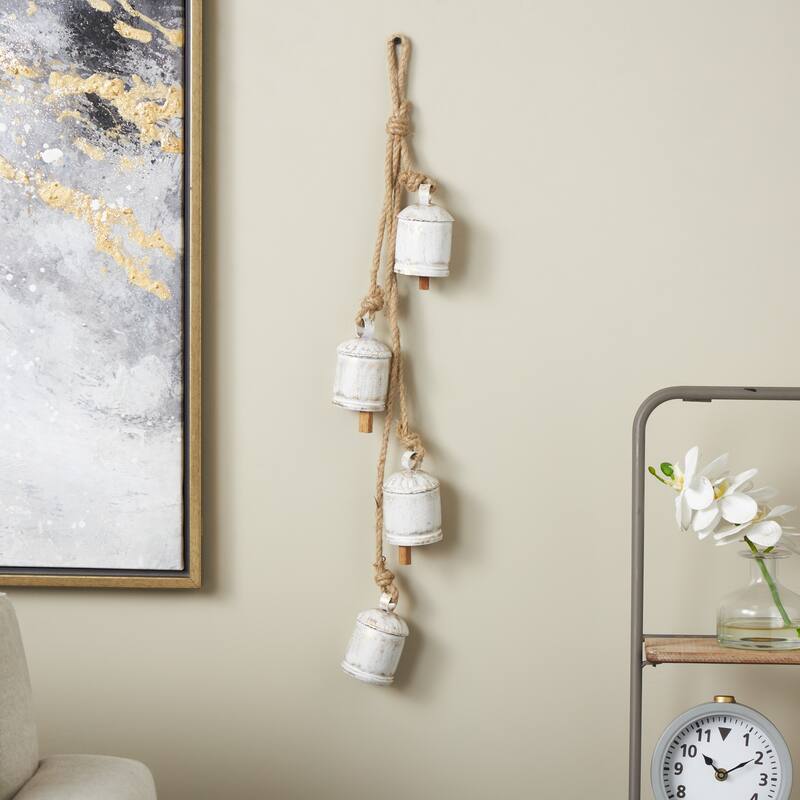 Black or White Metal Cluster Indoor Outdoor Decorative Bells with Jute Hanging Rope - White