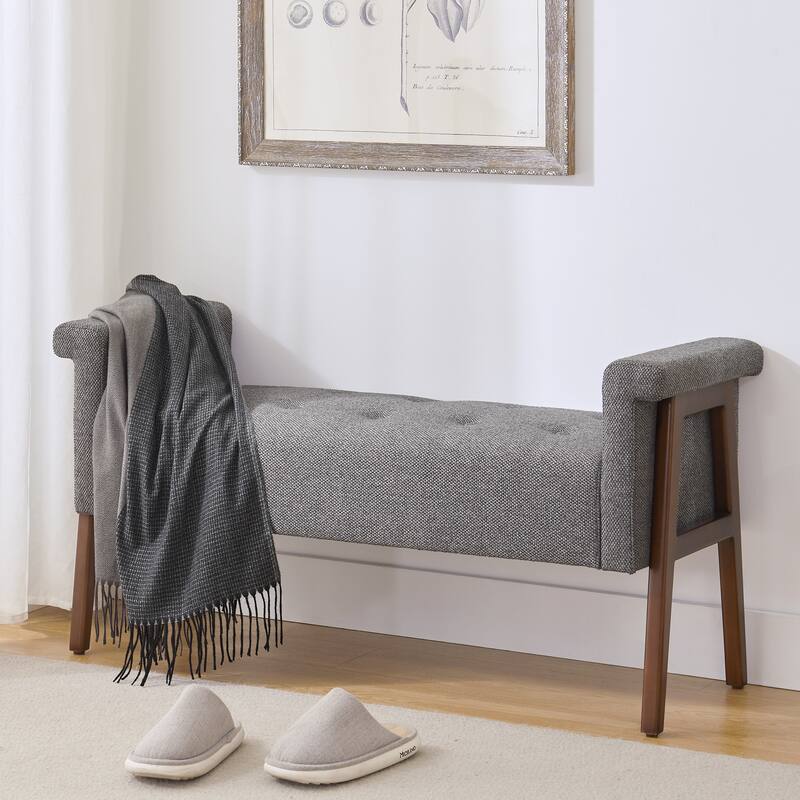 Modern Fabric Upholstered Entryway Storage Bench with Wooden Legs and Armrests