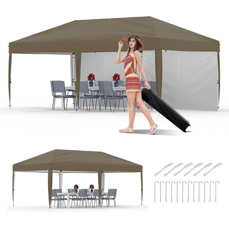 10x20 Pop Up Canopy Tent Outdoor with 2 Removable Sidewalls - Brown