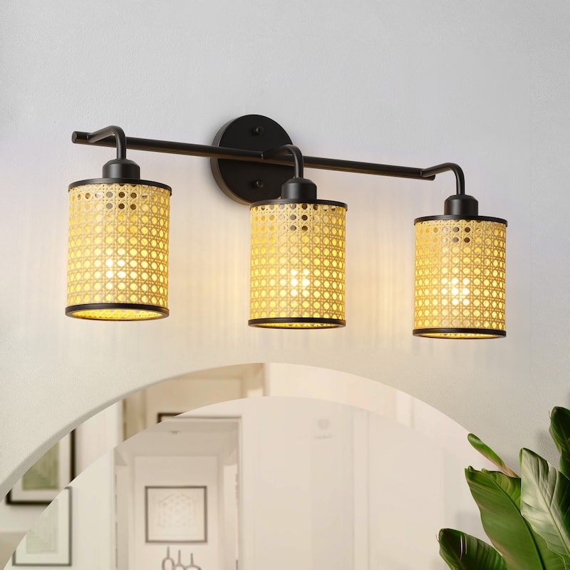 Farmhouse 3-Light Bathroom Vanity Light Fixture with Woven Plastic Lampshades - Black
