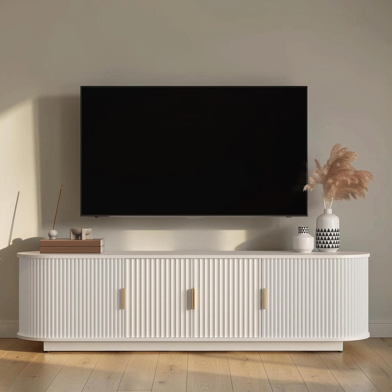 66.9" Fluted TV Stand, Farmhouse Entertainment Center with Sliding Doors and Adjustable Shelves, Fits TVs up to 75 Inch