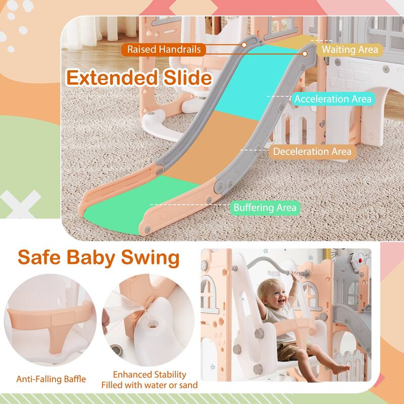 Gymax 10 in 1 Toddler Swing & Slide Set w/Basketball Hoop Telescope