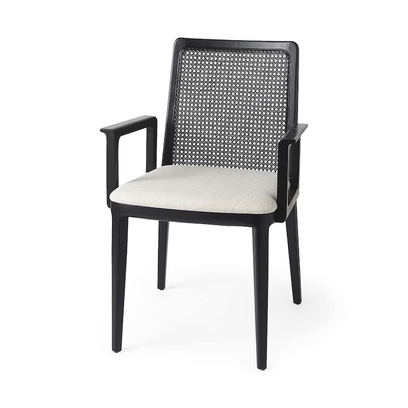 Cream And Brown Upholstered Fabric Dining Arm Chair - Cream