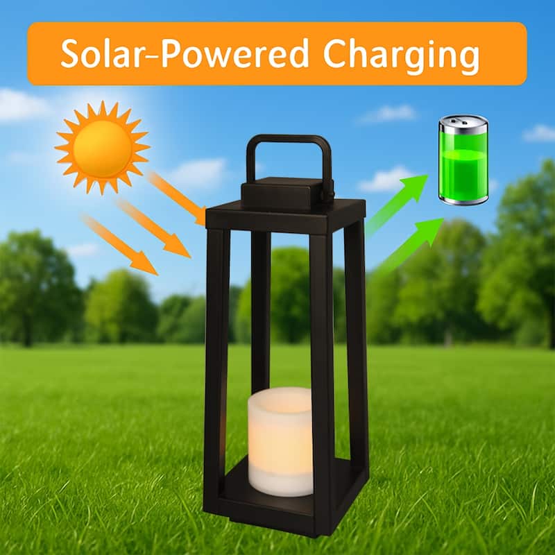 1 Light H16" Modern Matte Black Solar Lantern with Candle Shape Outdoor Light Decorative Portable Hanging LED Lights - W6''
